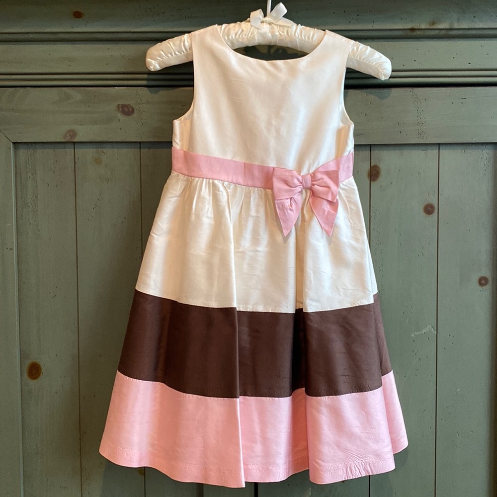 Cream, Brown, Pink Dress with Pink Bow